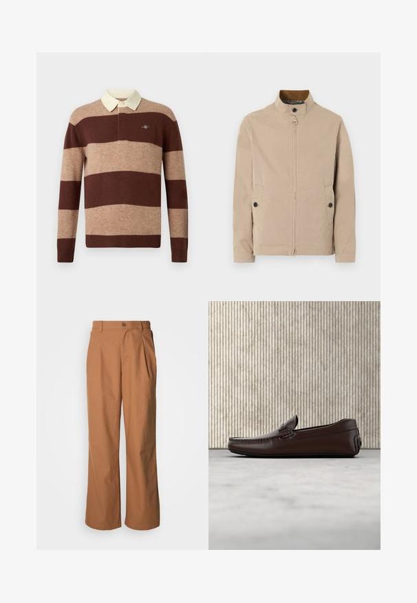 Beige herenjas met opstaande kraag, ritssluiting aan de voorkant, knoopflap bij de kraag, knoopsluitingen op de steekzakken en lange mouwen.; Rugbyshirt met lange mouwen, voorzien van brede horizontale bruine en beige strepen en een crèmekleurige kraag, met een klein geborduurd logo op de borst.; Wijde broekspijpen van een warmbruine stof, voorzien van een knoopsluiting aan de voorkant, subtiele plooien en een recht model voor een ontspannen pasvorm.; Bruine lederen instappers met een gladde afwerking, moccasin-stijl stiksels, een verhoogde neus en een lage, flexibele rubberen zool.