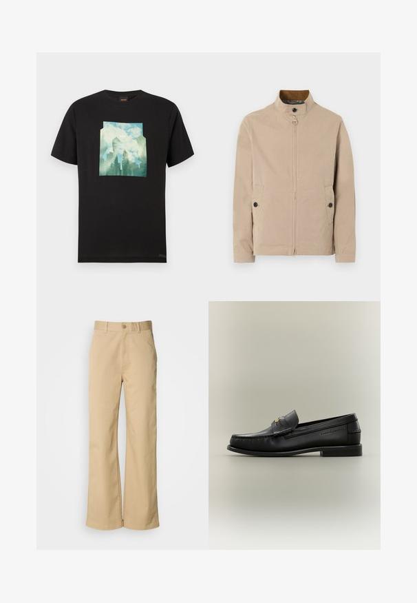 Veste beige pour homme avec col montant, fermeture éclair à l'avant, patte boutonnée au col, poches latérales à boutons, et manches longues.; T-shirt en coton noir avec un motif graphique représentant un paysage bleu et vert, incluant des arbres et des nuages, centré sur le devant.; Pantalon large beige en mélange coton. Fermeture par bouton et passants de ceinture. Texture lisse, avec des détails de couture minimaux.; Mocassin noir en cuir à enfiler avec petit talon, boucle dorée et nom de marque embossé sur le côté sur fond neutre.