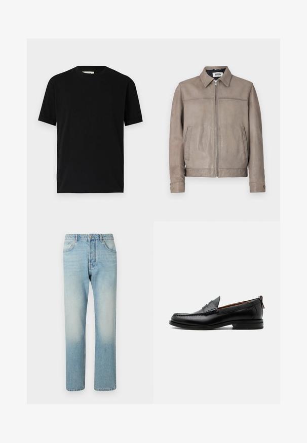 Veste en cuir marron avec col étalé, fermeture éclair avant et deux poches latérales, au texture lisse et au design minimaliste.; T-shirt noir à manches courtes en coton avec un col rond et une coupe ample. Texture lisse, sans motifs ni logos visibles.; Jeans bleu clair fabriqués en denim, présentant un design à jambe droite, une structure à cinq poches et un effet délavé au niveau des cuisses.; Mocassin homme en cuir noir avec couture moc toe, bride penny, col texturé et petit talon empilé sur fond blanc.