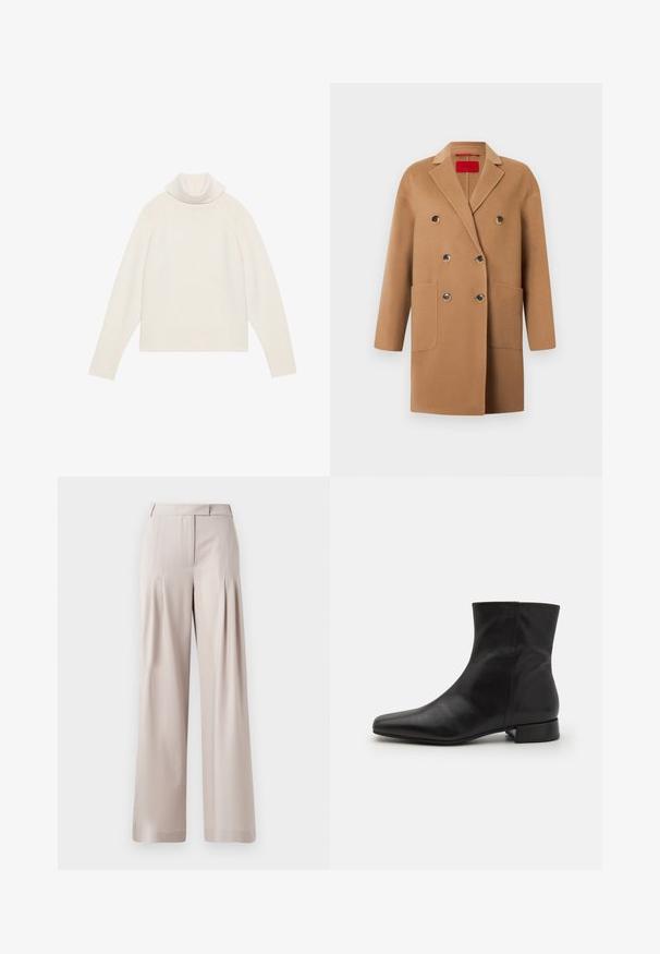 Dobbeltradet frakke i blød kamelhårulld, med store forlommer, sorte knapper og et revers med hak.; Lyscreme turtleneck sweater med ribbet tekstur, raglanærmer og tætsiddende kant. Blødt materiale og afslappet silhuet.; Beige vidde bukser med en glat tekstur, plisseret frontdesign og en skræddersyet talje. Velegnet til formelt eller afslappet brug.; Sort læder ankelstøvle med spids tå, glat tekstur, minimalistisk design og en lav blokhæl. Sidelukning går op til anklen.