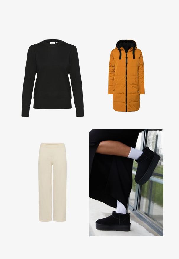 Lange pufferjack in mosterdgeel met een zwarte capuchon, voorzien van een rits aan de voorkant, twee zijzakken en een gequiltde textuur.; Zwart gebreid sweater met lange mouwen, ronde halslijn en ribgebreide boorden en zoom. Heeft subtiele pofmouwen voor extra textuur.; Beige rechte broek met elastische tailleband, zonder zichtbare zakken of versieringen, afgebeeld tegen een witte achtergrond.; Zwarte suède enkellaarsjes met een platte zool, voorzien van een achterste lus, gedragen met witte enkelsokken tegen een minimalistische achtergrond.