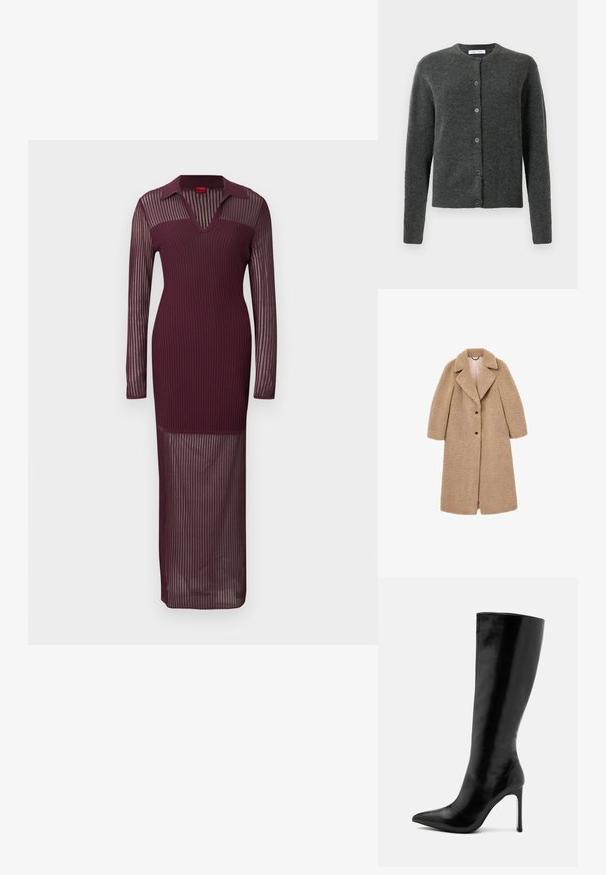 Manteau teddy couleur camel avec un col en V, des manches longues et trois boutons noirs. Il est doté d'un tissu texturé et doux sur l'ensemble.; Cardigan button-up gris foncé avec manches longues et col rond, fabriqué en tissu tricot doux et texturé.; Robe longue bordeaux côtelée avec des manches longues transparentes, une silhouette ajustée et un col en V, présentant un corsage moulant et une jupe transparente.; Bottes noires jusqu'aux genoux en cuir verni, avec un bout pointu et un talon aiguille fin. Texture lisse avec un design minimaliste.