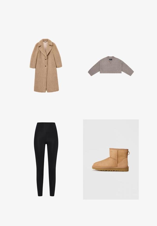 Kamelfarvet teddyfrakke med hakkrave, lange ærmer og tre sorte knapper. Den har et struktureret, blødt stof hele vejen igennem.; Grå kortstrikket sweater med V-hals, lange ærmer og ribbede manchetter og kant, vist fladt mod en hvid baggrund.; Sorte leggings lavet af strækbart stof. Høj talje design, glat tekstur, tætsiddende silhuet, ingen synlige mønstre eller accenter.; Brune suede ankelstøvle med rund tå, stikninger, en pull tab bagpå og en tekstureret gummisål. Designet til komfort og varme.