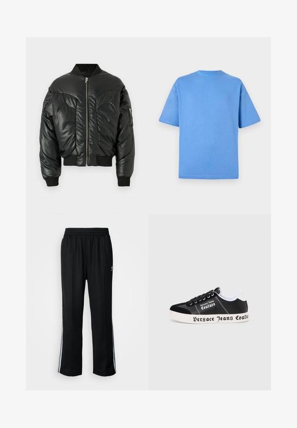 Schwarze gepolsterte Bomberjacke mit hohem Kragen, Reißverschluss, gerippten Ärmelbündchen und seitlichen Taschen, ausgestattet mit einer glatten Lederoberfläche und geschwungenen Nahtdetails.; Blaues Baumwoll-T-Shirt mit kurzen Ärmeln, rundem Halsausschnitt und einfarbigem Design. Weicher Textur und lockere Passform.; Schwarze Sporthosen mit elastischem Bund, ausgestattet mit weißen Seitenstreifen und einem kleinen Logo. Das Material wirkt weich und leicht.; Schwarzer Sneaker mit niedrigem Schnitt und weißer Sohle, auf der Seite und der Sohle mit dem Schriftzug "Versace Jeans Couture", schwarzen Schnürsenkeln und weißem Fersenbesatz.