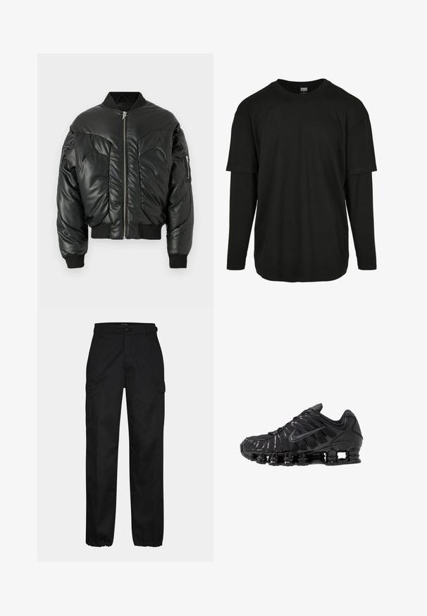 Sort polstret bomberjakke med høj krave, lynlås, ribbede manchetter og sidelomme, der har en glat lædertekstur og buet sømdetaljering.; Urban Classics OVERSIZED SHAPED DOUBLE LAYER LS TEE - Langærmet T-shirt - black/black; Sorte cargo bukser med lige pasform, der har sidelommer, knaplukning og elastiske manchetter ved anklerne. Fremstillet af slidstærkt stof.; Sorte atletikskoser lavet af mesh og syntetiske materialer, med et karakteristisk bølget design, sort gummisål og reflekterende detaljer.