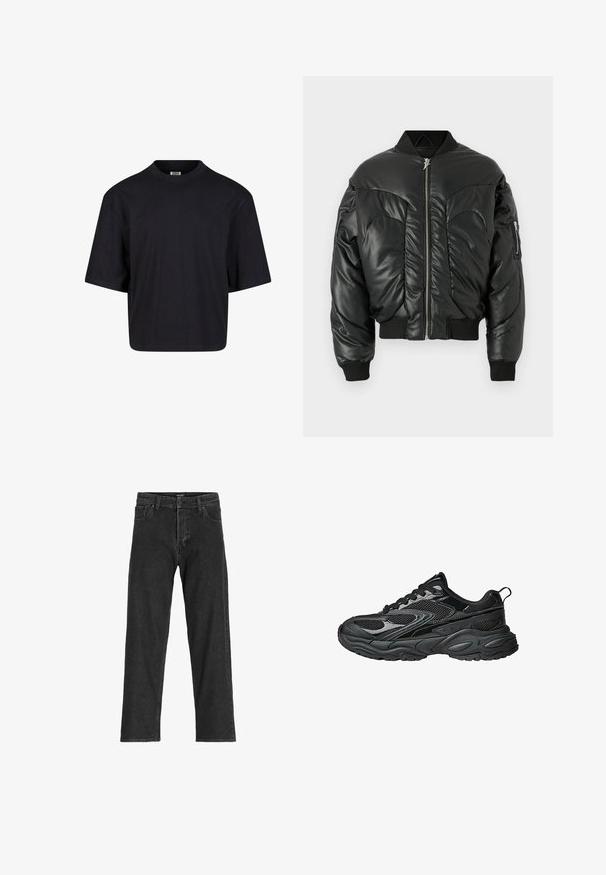 Schwarze gepolsterte Bomberjacke mit hohem Kragen, Reißverschluss, gerippten Ärmelbündchen und seitlichen Taschen, ausgestattet mit einer glatten Lederoberfläche und geschwungenen Nahtdetails.; Schwarzes Baumwoll-T-Shirt mit Rundhalsausschnitt, kurzen Ärmeln und oversized Passform. Glatte Textur und minimalistisches Design. Keine sichtbaren Logos.; Schwarze Jeans aus Denim mit geradem Bein, ausgestattet mit einem Reißverschluss, Gürtelschlaufen und sechs Taschen, gefertigt aus einem robusten Baumwollmischgewebe.; Schwarze sportliche Sneaker aus Mesh und synthetischen Materialien, runde Zehenpartie, dicke geschwungene Sohle und strukturierte Akzente. Verfügt über Schnürsenkel und eine Fersenlasche.