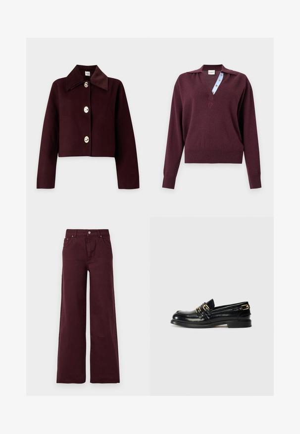 Donker bordeaux cropped jack met lange mouwen, brede corduroy kraag en drie grote metalen knopen aan de voorkant.; Langemouw gebreide bordeauxrode trui met een diepe V-hals die een blauw gestreepte binnenste knopenlijst en een klein geborduurd logo onder de halslijn toont.; Bordeaux wijd-uitlopende jeans met een hoge taille, metalen knoopsluiting, voorzakken en een gladde, iets gestructureerde stof.; Zwarte leren instappers met een glanzende afwerking, voorzien van twee gouden gespen en een lage hak. Gladde textuur met een ronde neus.