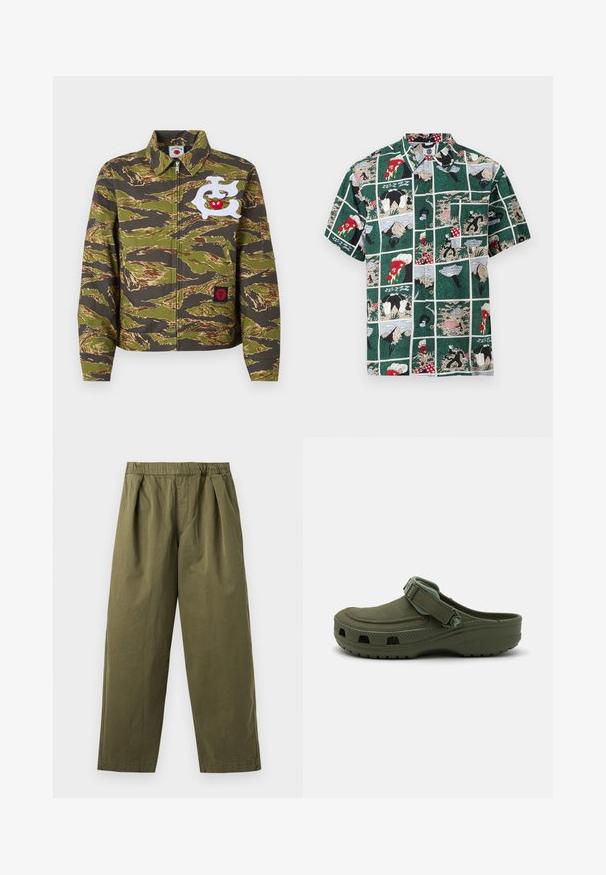 Jakke med camouflage-mønster i grøn og brun med hvide og røde broderede detaljer, der har krave og lynlås.; Kortærmet skjorte med knapper foran og grønt tegneserieprint med tegneseriefigurer, pizzaslices, bjerge og picnicscener.; Olivengrønne bukser med vidde ben, elastisk talje og forreste læg, vist mod en lys baggrund.; Grøn gummi klipklap med justerbar rem og ventilationshuller. Glat tekstur, rundt tåparti og hævet sål for komfort.