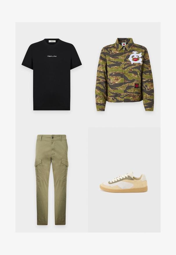 Veste à motif camouflage en vert et marron avec des accents brodés blancs et rouges, dotée d'un col et d'une fermeture éclair.; T-shirt en coton noir à manches courtes et col rond, arborant un logo blanc "REPLAY" centré sur la poitrine.; Pantalon cargo vert olive avec poches à rabat sur les cuisses, fermeture par bouton et fermeture éclair, coupe droite.; Baskets basses en daim beige, panneaux en maille blanche, accents olive, lacets blancs et semelle en caoutchouc naturel sur fond gris clair.