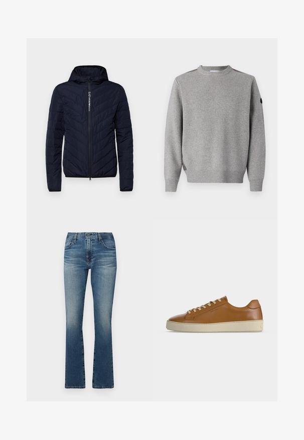 Námornícky modrá bundová puffer jacket s kapucňou a zipsom vpredu, s chevronovým prešívaním a logom na zipsovej páske, vyrobená z ľahkého materiálu.; Šedý pletený sveter s ribbed textúrou, okrúhlym výstrihom a kontrastnými akcentmi na ramenách. Rukávy sú tiež ribbed.; Džínsy s rozšírenými nohavicami v stredne modrej farbe s vyblednutým povrchom, s klasickým dizajnom piatich vreciek a kovovými doplnkami.; Nízke hnedé kožené tenisky s krémovými šnúrkami a hrubou krémovou gumovou podrážkou zobrazené z bočného profilu na bielom pozadí.