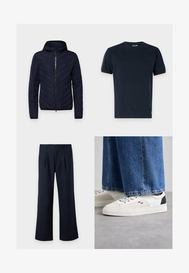 Námornícky modrá bundová puffer jacket s kapucňou a zipsom vpredu, s chevronovým prešívaním a logom na zipsovej páske, vyrobená z ľahkého materiálu.; Tmavomodré tričko z bavlny s krátkymi rukávmi, okrúhlym výstrihom a textúrovanými ramennými akcentmi. Logo na dolnej ľavej strane.; Námornícky modré nohavice s prispôsobeným strihom, širokým strihom, prednými záhybmi a jedným gombíkom na zapínanie v páse. Hladká textúra látky.; Biele a čierne tenisky s hladkým koženým zvrškom, štruktúrovanými akcentmi a masívnou bielou podrážkou. Obsahujú klasický dizajn so šnurovaním.