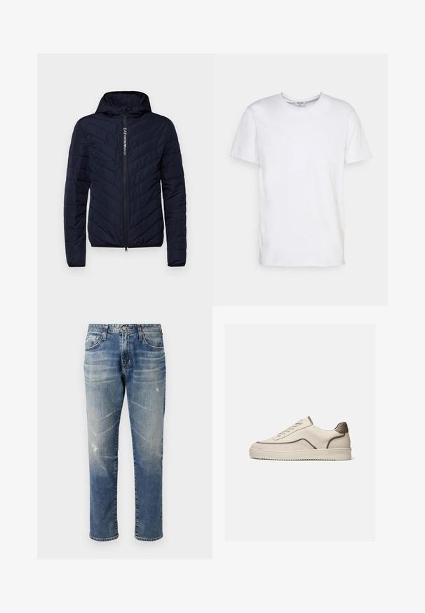 Námornícky modrá bundová puffer jacket s kapucňou a zipsom vpredu, s chevronovým prešívaním a logom na zipsovej páske, vyrobená z ľahkého materiálu.; Biely krátky rukáv tričko vyrobené z bavlny. Má okrúhly výstrih a voľný strih bez viditeľných vzorov alebo akcentov.; Svetlomodré džínsy s rovnými nohavicami, vyblednutým povrchom, jemne poškodenými detailmi, piatimi vreckami a pásom na opasok.; Nízke béžové tenisky so šnurovaním, zamszovými a koženými panelmi a ryhovanou gumovou podrážkou na jednoduchom bielom pozadí.