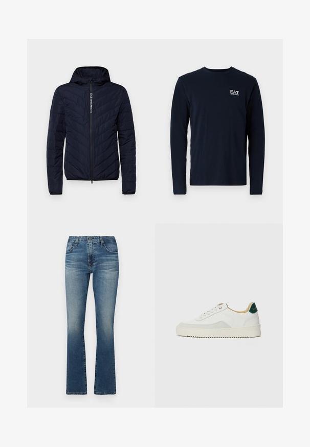 Námornícky modrá bundová puffer jacket s kapucňou a zipsom vpredu, s chevronovým prešívaním a logom na zipsovej páske, vyrobená z ľahkého materiálu.; Námornícka dlhá mäkká košeľa s dlhým rukávom z bavlny, so zaobleným výstrihom a malým bielym logom EA7 na ľavej hrudi. Hladká textúra.; Džínsy s rozšírenými nohavicami v stredne modrej farbe s vyblednutým povrchom, s klasickým dizajnom piatich vreciek a kovovými doplnkami.; Biele tenisky s semišovými akcentmi, zaoblenou špičkou, plochými šnúrkami a krémovou gumovou podrážkou. Na päte sú zelené značky.