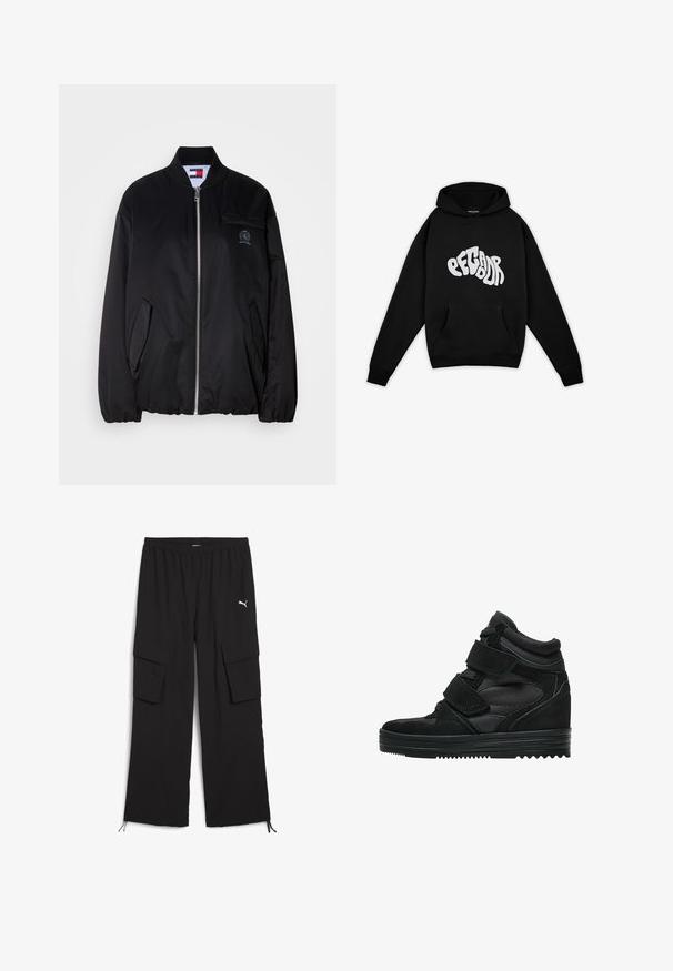 Sort bomberjakke lavet af glat stof med lynlås foran, ribbet krave, sidelommer og et lille broderet logo på brystet.; Pegador PALUMA OVERSIZED HOODIE - Sweatshirt - black; Svarte cargo-bukser med bred ben-design, elastisk talje, to sidelommer og snoretræk ved kanten. Har et lille hvidt logo.; Sorte høj-top sneakers lavet af ruskind og mesh, med velcro-remme, en glat overflade og en struktureret gummisål for godt greb.