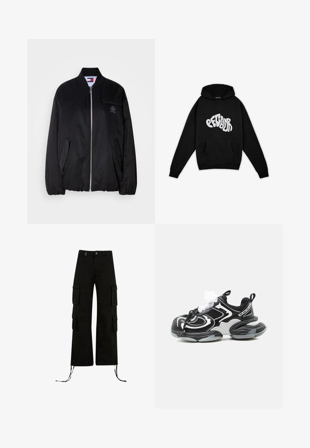 Sort bomberjakke lavet af glat stof med lynlås foran, ribbet krave, sidelommer og et lille broderet logo på brystet.; Pegador PALUMA OVERSIZED HOODIE - Sweatshirt - black; Sorte cargo bukser med en afslappet pasform, der har cargolommer på siderne, snøre i kanten og en knaplukning i taljen.; Sort og hvid chunky sneaker med mesh overdel, tyk polstret sål og tofarvede snørebånd mod ensfarvet baggrund.