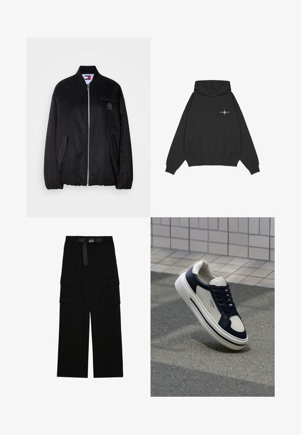 Veste bombardier noire en tissu lisse, avec une fermeture éclair à l'avant, un col côtelé, des poches latérales et un petit logo brodé sur la poitrine.; Pegador Sweat à capuche - washed black; Pantalons cargo noirs avec une coupe large, taille élastique avec une ceinture, et deux grandes poches latérales pour le rangement.; Baskets en cuir blanches et navy avec un nez perforé, des lacets et une semelle en caoutchouc texturée, affichant une marque sur le côté.