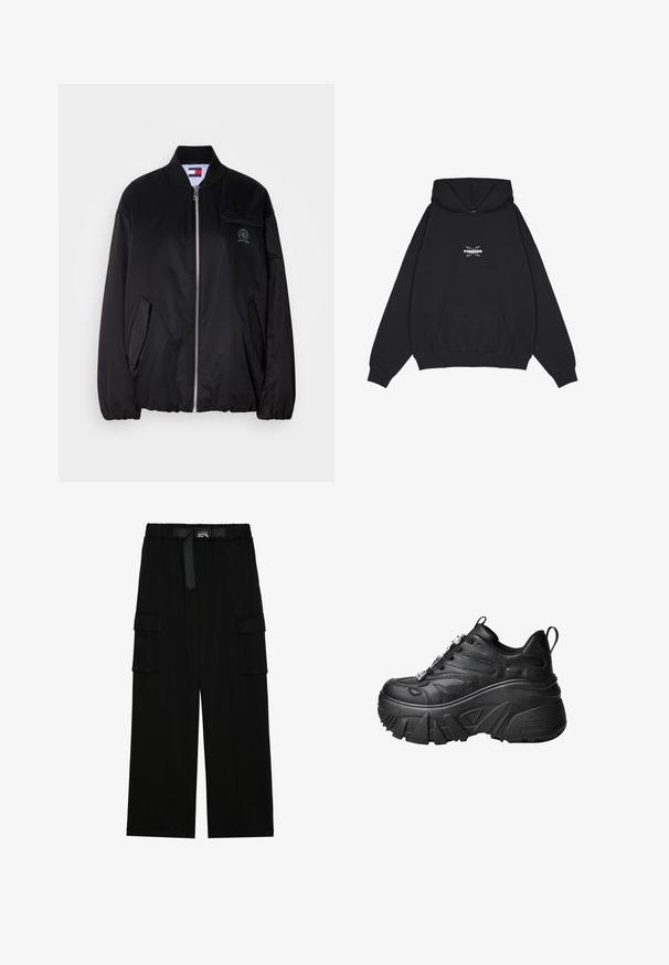 Zwarte bomberjack van gladde stof, met een ritssluiting aan de voorkant, een geribbeld kraag, zijzakken en een klein geborduurd logo op de borst.; Pegador BELLY OVERSIZED HOODIE - Hoodie - washed black; Zwarte cargobroek met een wijd gesneden ontwerp, elastische tailleband met een riem, en twee grote zijzakken voor opslag.; Zwarte platform sneakers met een gebogen vorm, gestructureerd leer, dikke rubberen zool en decoratieve hardware op de veters.