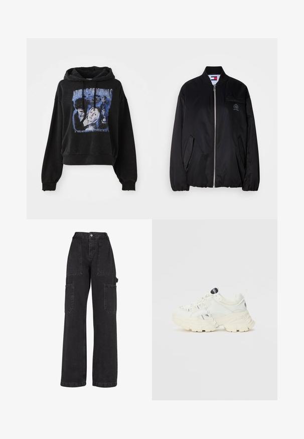 Schwarze Bomberjacke aus glattem Stoff, mit Reißverschluss vorne, geripptem Kragen, Seitentaschen und einem kleinen gestickten Logo auf der Brust.; Schwarzer kurzer Hoodie aus Baumwolle mit Kapuze und Kordelzug. Mit einem grafischen Druck in Blau, der Figuren und Text darstellt.; Schwarze Denim-Cargohosen mit weitem Bein, mehreren aufgesetzten Taschen und hoher Taille. Verfügt über einen Knopfverschluss und strapazierfähige Nähte.; Weiße Sneakers mit einem strukturierten Mesh-Obermaterial, massiver Sohle und gestreiften Akzenten. Mit geflochtenen Schnürsenkeln und einem schwarzen Logo auf der Zunge.