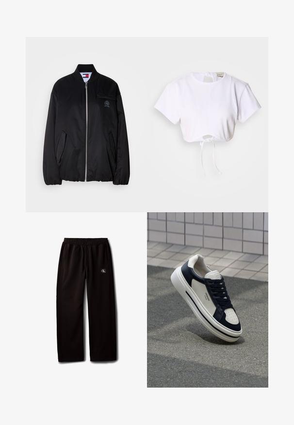 Zwarte bomberjack van gladde stof, met een ritssluiting aan de voorkant, een geribbeld kraag, zijzakken en een klein geborduurd logo op de borst.; Witte cropped t-shirt gemaakt van gladde stof. Heeft een ronde halslijn, korte mouwen en een trekkoord onderaan voor aanpassing.; Zwarte wijde broek met elastische tailleband en zijzakken, met een klein Calvin Klein logo-patch op de rechterdij.; Witte en marineblauwe leren sneakers met geperforeerde neus, veters en een getextureerde rubberen zool, met branding op de zijkant.