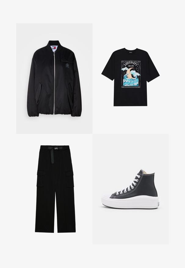Schwarze Bomberjacke aus glattem Stoff, mit Reißverschluss vorne, geripptem Kragen, Seitentaschen und einem kleinen gestickten Logo auf der Brust.; Schwarzes Baumwoll-T-Shirt mit einem grafischen Design von einem Mond und Wellen in Blau, Weiß und Beige, mit dem Text "MITTERNACHTSMOND."; Schwarze Cargohosen mit weitem Bein, elastischem Bund und einem Gürtel sowie zwei großen Seitentaschen für zusätzlichen Stauraum.; Schwarzer High-Top Sneaker mit weißen Schnürsenkeln und Gummisohle. Verfügt über eine glatte Ledertextur und weiße Nähte als Akzente.