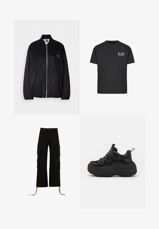 Zwarte bomberjack van gladde stof, met een ritssluiting aan de voorkant, een geribbeld kraag, zijzakken en een klein geborduurd logo op de borst.; Zwarte katoenen t-shirt met een ronde hals. Bevat witte tekst, waaronder Japanse karakters en "Slurp Away", op de linkerborst.; Zwarte cargobroek met een relaxte pasvorm, met cargozakken aan de zijkanten, koordjes aan de onderkant en een knoopsluiting in de taille.; Zwarte sneaker met een chunky ontwerp, voorzien van een gestructureerde bovenkant, mesh panelen en een dikke rubberen zool. Reflecterende veters en merkdetails zijn zichtbaar.