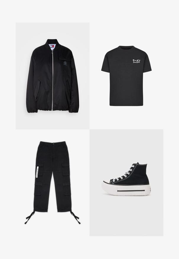 Svart bomberjakke laget av glatt stoff, med glidelås foran, ribbestrikket krage, sidelommer, og en liten brodert logo på brystet.; Svart bomull t-skjorte med rund hals. Har hvit tekst, inkludert japanske tegn og "Slurp Away", på venstre brystområde.; Pegador TANAMI WIDE PANTS - Cargobukse - black; Svarte høyhælte sneakers laget av lerret, med hvite sømmer, gummikappe, tykk hvit plattformsåle og svarte striper.