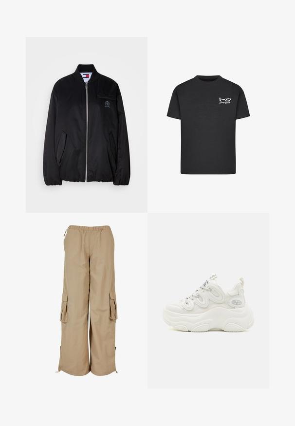 Sort bomberjakke lavet af glat stof med lynlås foran, ribbet krave, sidelommer og et lille broderet logo på brystet.; Sort bomulds T-shirt med rund hals. Har hvid tekst, inklusive japanske tegn og "Slurp Away," på venstre brystområde.; Beige cargo bukser med elastisk talje, to sidelommer og mesh-detaljer; fremstillet af letvægts, tekstureret stof.; Hvide chunky sneakers med overdel i mesh og syntetisk materiale, buet form, tekstureret sål og fremtrædende snøresystem med logo detaljer.