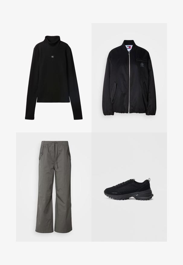 Chaqueta bomber negra hecha de tela suave, con cierre frontal de cremallera, cuello acanalado, bolsillos laterales y un pequeño logo bordado en el pecho.; Top negro de cuello alto acanalado de manga larga con un pequeño parche cuadrado con el logo de Calvin Klein centrado en el pecho.; Pantalones de pierna ancha grises, hechos de tela ligera, con cintura elástica, cordón y dos bolsillos laterales con detalles de botones.; Zapatillas deportivas negras con parte superior de malla, acentos de ante, cierre con cordones y una suela gruesa texturizada para mayor tracción. Logo de "Calvin Klein" visible.
