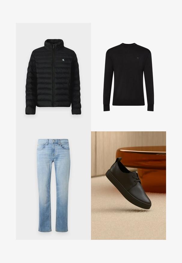 Schwarze Steppjacke mit hohem Kragen, Reißverschluss vorne und Seitentaschen. Verfügt über ein gesteppte Muster und ein kleines weißes Logo auf der Brust.; Schwarzer Pullover mit Rundhalsausschnitt und langen Ärmeln, kleinem, dezentem Logo auf der oberen linken Brustseite sowie gerippten Bündchen und Saum.; Hellblaue Denim-Jeans mit einem geraden Bein-Design, fünf Taschen, sichtbaren Nähten und einem ausgewaschenen Finish an den Oberschenkeln und Knien.; Schwarzer Freizeit-Sneaker aus Leder mit Schnürsenkeln, schwebt über einem beigen Teppich, im Hintergrund ein bernsteinfarbenes, rundes Glastisch.