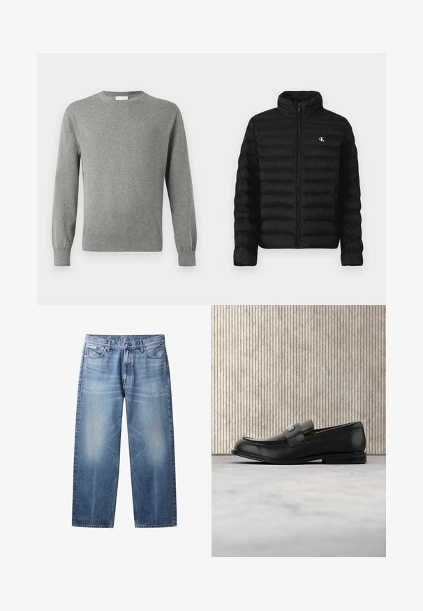 Chaqueta acolchada negra con cuello alto, cierre frontal con cremallera y bolsillos laterales. Presenta un patrón acolchado y un pequeño logo blanco en el pecho.; Calvin Klein Jersey de punto - medium grey; Vaqueros rectos de pierna en azul claro con zonas descoloridas, cinco bolsillos, cierre de botones y etiqueta Calvin Klein en el bolsillo delantero derecho.; Mocasín de cuero negro con una placa metálica de marca apoyado cerca de una mesa redonda marrón sobre un suelo alfombrado beige.