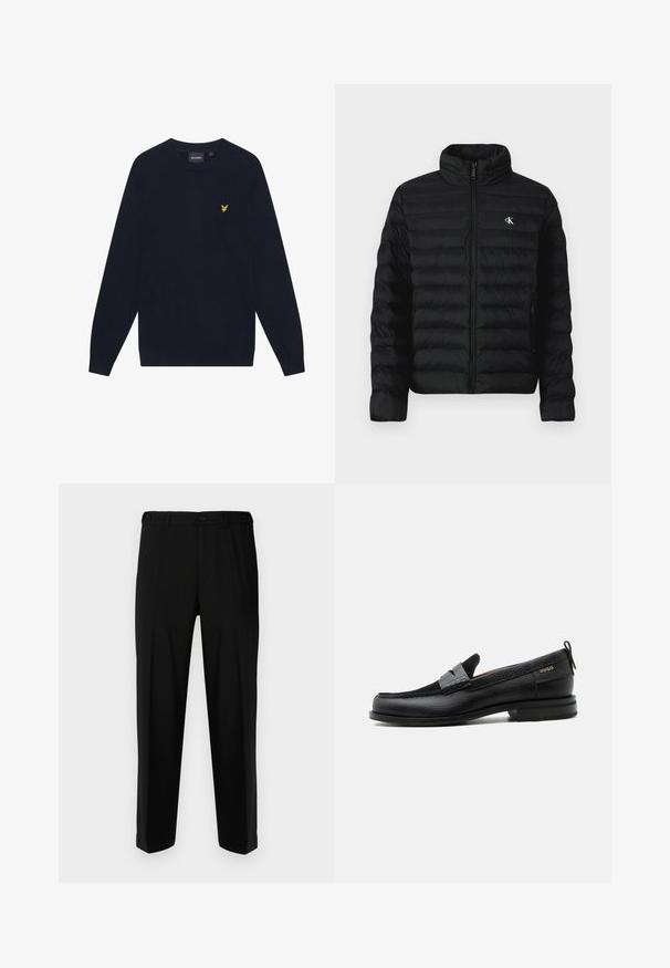 Sort dunjakke med høj krave, lynlås foran og sidelommer. Har quiltet mønster og lille hvidt logo på brystet.; Mørkeblå langærmet crew neck sweater med et lille gult broderet ørnelogo på venstre bryst.; Sorte bukser lavet af glat stof, med lige snit, to forlommer og lynlås med knaplukning.; Sort læderloafer med grå remdetalje, lav hæl og tekstureret sål, mærket med "HUGO" i guld på siden.