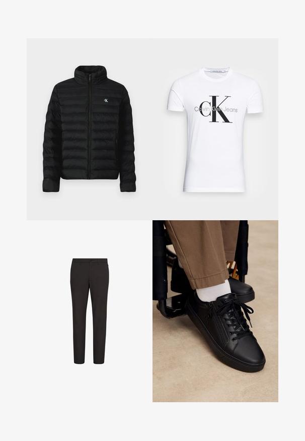 Schwarze Steppjacke mit hohem Kragen, Reißverschluss vorne und Seitentaschen. Verfügt über ein gesteppte Muster und ein kleines weißes Logo auf der Brust.; Weißes kurzärmeliges T-Shirt mit großem schwarzem "cK" und grauem "Calvin Klein Jeans" Textlogo auf der Vorderseite.; Schwarze Hose mit schlankem Schnitt, aus glattem Stoff, mit Knopfverschluss, Gürtelschlaufen und ohne sichtbare Muster oder Akzente.; Schwarzer Ledersneaker mit Schnürsenkeln und seitlichem Reißverschluss, getragen mit weißen Socken und brauner Hose, Fuß ruht auf der Fußstütze eines Rollstuhls.