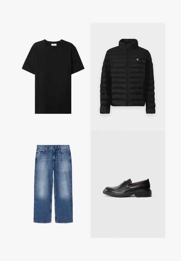 Sort dunjakke med høj krave, lynlås foran og sidelommer. Har quiltet mønster og lille hvidt logo på brystet.; Sort t-shirt med korte ærmer og rund hals med subtil Calvin Klein Jeans-logo på brystet og en label indeni halsåbningen.; Blåtonede straight-leg denimjeans med fem lommer og knaplukning, vist fladt på hvid baggrund.; Sorte læder slip-on dress sko med lav hæl og subtil Calvin Klein logo på siden, vist i profil på en hvid baggrund.
