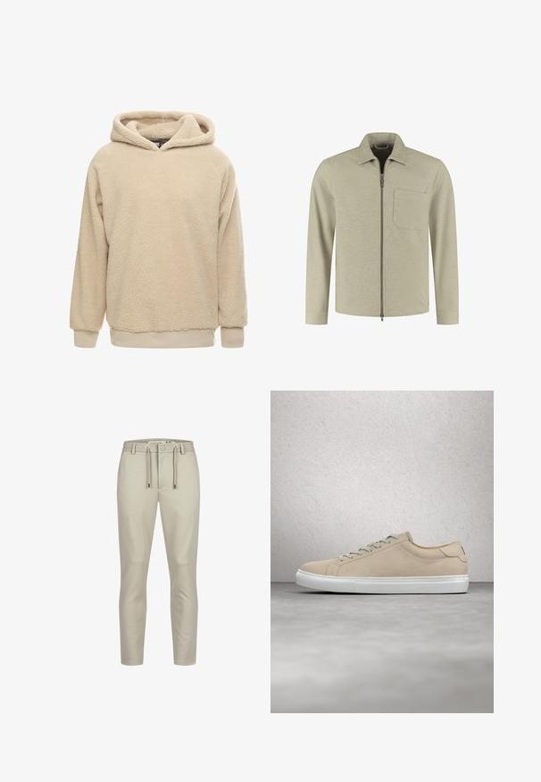 Hellbeige Langarmhemdjacke mit einem durchgehenden Reißverschluss, einem Kragen und einer einzelnen Brusttasche auf der linken Seite.; Beige Fleece-Hoodie mit strukturiertem Oberflächen, großem Kapuze und gerippten Bündchen und Saum. Bietet eine lockere Passform und lange Ärmel.; Beige, schmal geschnittene Hose mit Knopf- und Reißverschluss, Gürtelschlaufen, vorderen Taschen und Kordeldetail am Bund.; Beige Wildlederschuh mit runder Spitze, weißer Gummisohle und passenden Schnürsenkeln. Minimalistisches Design mit dezenten Nähten.