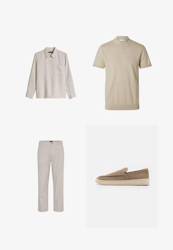 Veste-chemise beige à manches longues avec col, fermeture éclair devant et poche poitrine, confectionnée en tissu léger.; Polo beige à manches courtes avec col et trois boutons, bords côtelés aux manches et à l'ourlet, tissu en maille unie.; Pantalons rayés gris clair, coupe droite, avec une fermeture à bouton unique à la taille et deux poches avant. Texture lisse.; Chaussure slip-on en daim taupe, présentant une texture lisse, un design minimaliste et une semelle en caoutchouc beige avec des détails de traction subtils.