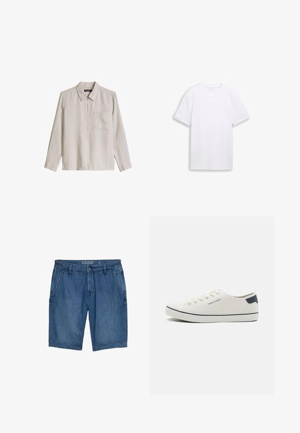Beige overhemdjack met lange mouwen, kraag, ritssluiting aan de voorkant en borstzak, gemaakt van lichtgewicht stof.; Effen witte T-shirt met korte mouwen en ronde hals, plat gelegd op een witte achtergrond.; Jeansshorts in een medium blauwe tint, met een rechte snit, elastische tailleband, twee voorzakken en gestikte details.; Canvas sneakers in gebroken wit met marineblauwe accenten, met een ronde neus, vetersluiting en een gestructureerde rubberen zool. Simpele en schone esthetiek.