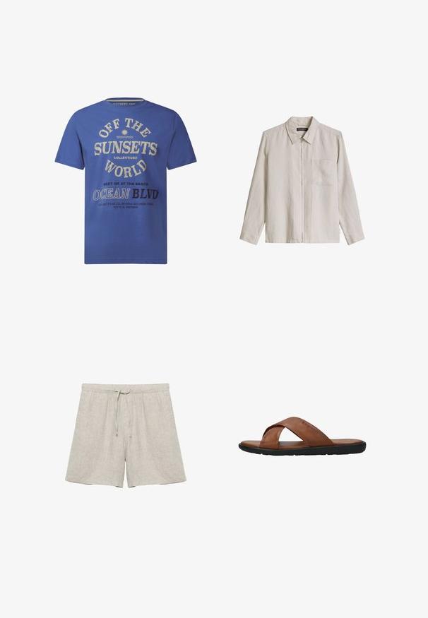 Beige overhemdjack met lange mouwen, kraag, ritssluiting aan de voorkant en borstzak, gemaakt van lichtgewicht stof.; Blauwe T-shirt met korte mouwen, gemaakt van katoen, met geprinte tekst in crème en zwart, inclusief "OFF THE SUNSETS" en "OCEAN BLVD."; Lichtbeige linnen short met elastische tailleband en trekkoord, rechte pijpen, zonder zichtbare merken of patronen.; Bruine leren sandaal met gekruiste banden, platte zwarte zool en 'bugatti' gegraveerd op het bovenste bandje, weergegeven in zijaanzicht tegen een witte achtergrond.