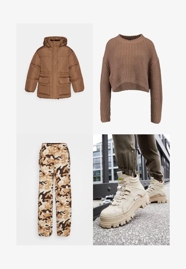 NA-KD PADDED JACKET - Veste d'hiver - brown; Pull en laine marron, cropped, avec une texture côtelée, des manches larges et un col rond. Matière douce et épaisse avec une coupe décontractée.; Envii PANTS - Pantalon classique - desert; Baskets montantes beiges avec une semelle épaisse et texturée, un design à lacets et des étiquettes accent jaune. Tige en cuir texturé avec des coutures contrastées.