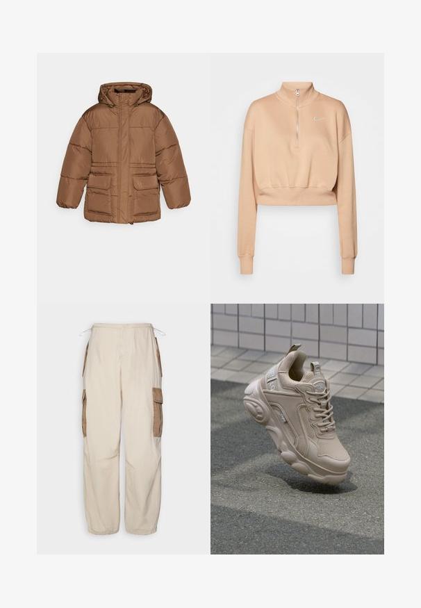 NA-KD PADDED JACKET - Veste d'hiver - brown; Nike Sportswear Sweatshirt - hemp/sail; BDG Urban Outfitters CONTRAST - Pantalon cargo - beige; Baskets de sport beiges avec une tige en mesh et synthétique, un col rembourré et une semelle épaisse avec des accents texturés. Marque visible sur le côté.