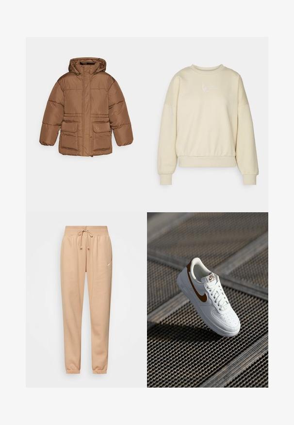NA-KD PADDED JACKET - Talvitakki - brown; Vaate beige sweatshirt, jossa on pyöreä kaula-aukko, laskeutuneet olkaimet ja elastinen vyötärö. Etupuolella on valkoista brodeerausta. Pehmeä kangas.; Beige-coloured collegehousut, jotka on valmistettu pehmeästä puuvillasekoitteesta. Varustettu joustavalla vyötäröllä ja kiristysnauhalla, sekä nilkoissa resorit. Pieni logotieto.; Valkoinen nahkainen tennari, jossa on rei'itykset, ruskea Nike-swoosh ja nauhat. Varustettu kuvioidulla pohjalla ja pehmustetulla kauluksella.