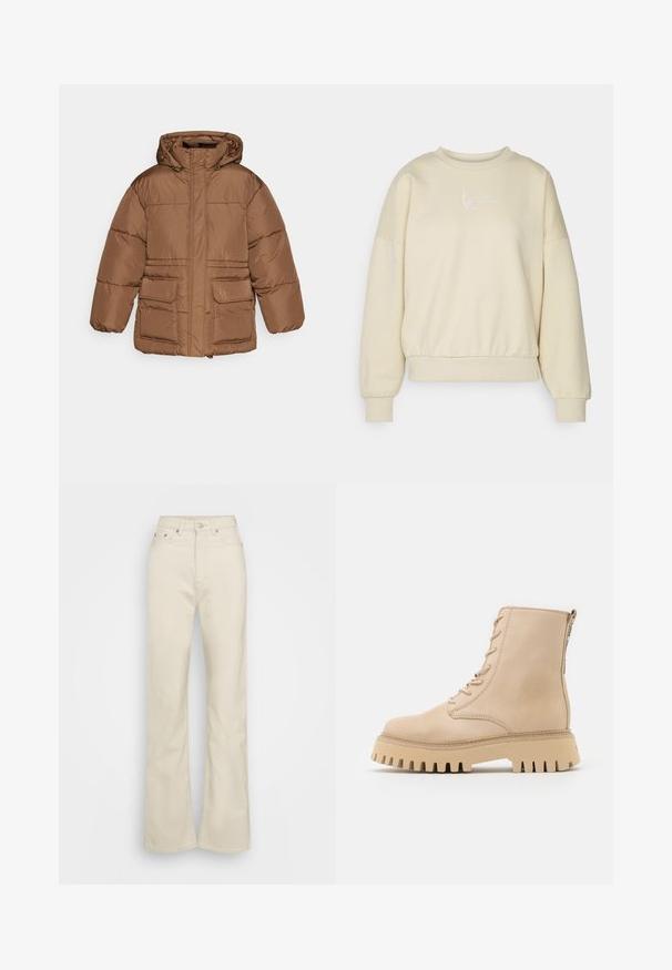 NA-KD PADDED JACKET - Zimná bunda - brown; Beige mikina s okrúhlym výstrihom, spustenými ramenami a elastickým pásom. Na hrudi sú biele vyšívané nápisy. Mäkká textúra látky.; Weekday ROWE EXTRA HIGH - Džínsy s rovným strihom - ecru; Bežové kožené členkové topánky s okrúhlou špičkou, predným šnurovaním a bočným zipsom, ktoré majú hrubú, zubatú podrážku.