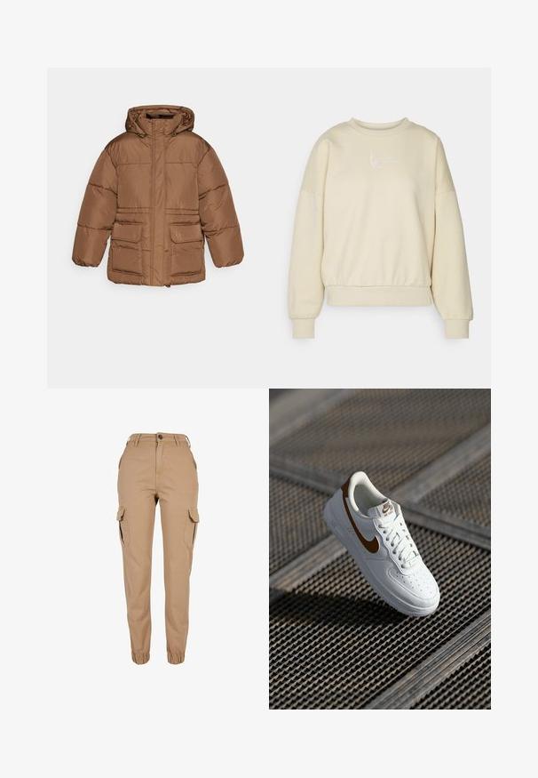 NA-KD PADDED JACKET - Zimná bunda - brown; Beige mikina s okrúhlym výstrihom, spustenými ramenami a elastickým pásom. Na hrudi sú biele vyšívané nápisy. Mäkká textúra látky.; Béžové cargo nohavice s elastickými manžetami, predným zapínaním na gombík a zips, pútkami na opasok, bočnými vreckami s chlopňou a úzkym strihom.; Biela kožená teniska s perforáciami, hnedým logom Nike a šnúrkami. Má textúrovanú podrážku a polstrovaný golier.
