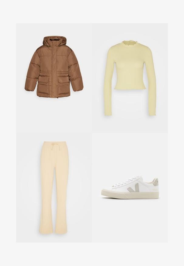 NA-KD PADDED JACKET - Winterjacke - brown; Even&Odd Langarmshirt - green; Envii ONYX PANTS - Jogginghose - irish cream; Weiße Sneaker aus Leder mit grauen V-Logo-Akzenten, strukturiertem Gummiabsatz, weißen Schnürsenkeln sowie gepolstertem Zungen- und Knöchelbereich.