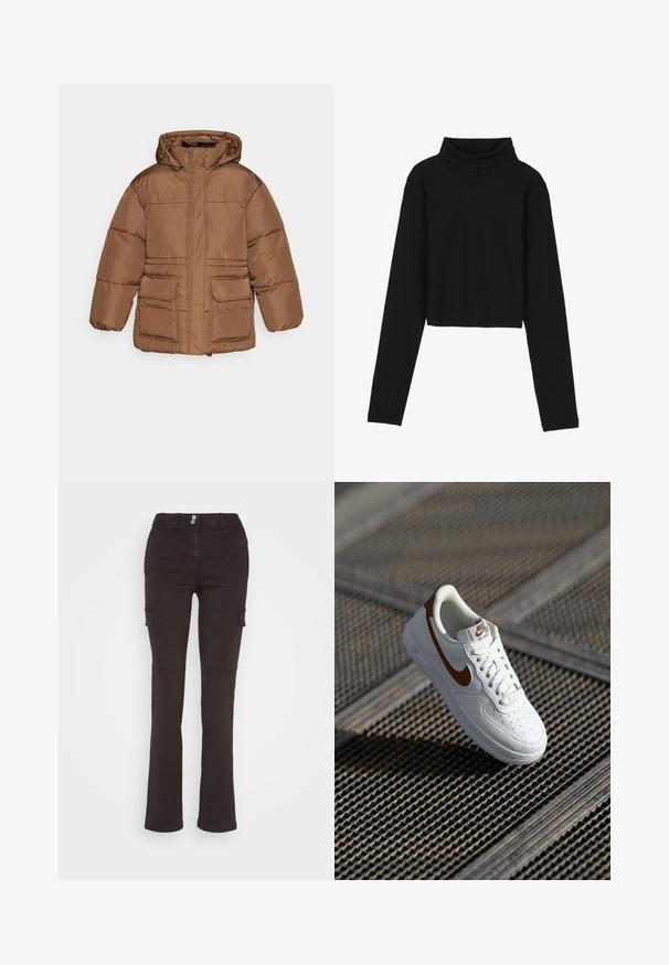 NA-KD PADDED JACKET - Chaqueta de invierno - brown; Even&Odd by Zalando Camiseta de manga larga - black; Weekday BRENDA SLIM CARGO TROUSER - Pantalones cargo - grey dark; Zapatilla blanca de cuero con perforaciones, logo Nike en marrón y cordones. Cuenta con suela texturizada y cuello acolchado.