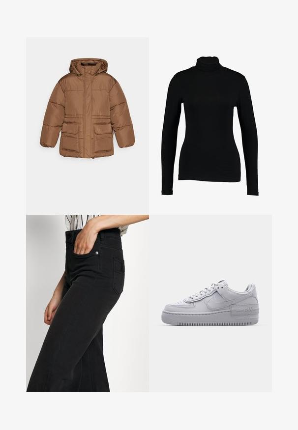 NA-KD PADDED JACKET - Vinterjakker - brown; Sort langærmet turtleneck top lavet af glat stof, med et tætsiddende design og høj hals, velegnet til lag-på-lag brug eller som en selvstændig beklædningsgenstand.; Sorte jeans i bred benstil med høj talje, forlommer og en baglappe. Glat tekstur med minimale syningsdetaljer.; Grå Nike Air Force 1 sneakers med perforeret tå, glat læderoverdel, tyk sål og præget 'AIR' detalje på hælen.