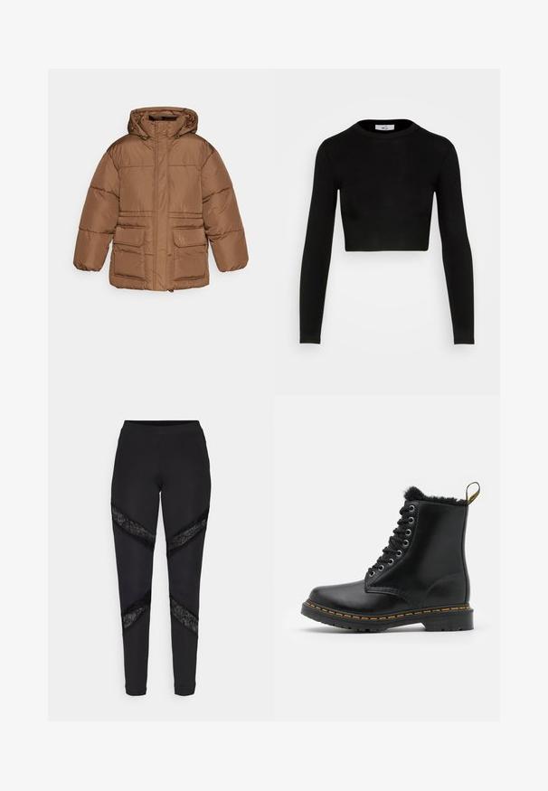 NA-KD PADDED JACKET - Winterjacke - brown; WAL G. X JOEY BACK DETAIL - Langarmshirt - black; Schwarze Leggings mit dreieckigen Ausschnitten, die an den Seiten mit schwarzer Spitze akzentuiert sind. Sie bestehen aus einem dehnbaren Stoff mit passgenauer Passform.; Schwarze Lederstiefeletten mit einer runden Zehenpartie, Fütterung aus Fell, silbernen Ösen und gelben Nähten entlang der Sohle. Robuste Gummisohle.