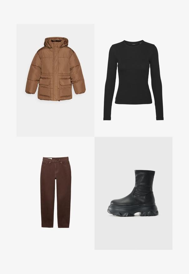 NA-KD PADDED JACKET - Vinterjakker - brown; Sort langærmet skjorte lavet af ribbet stof. Den har en rund halsudskæring og et tætsiddende design uden synlige mønstre eller accenter.; Brune jeans med lige ben, frontknap, lynlåslukning og femlomme-design på hvid baggrund.; Sort ankelstøvle i læder med glat overdel og tyk, skulptureret sole med dyb mønster.