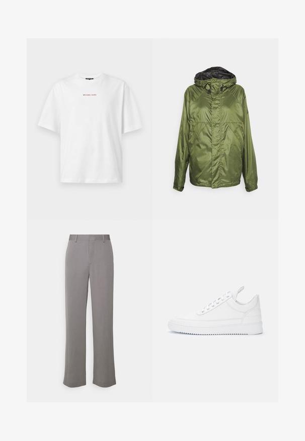 ASPESI WINTERMOON - Cortaviento - verde/green; Camiseta blanca de manga corta con cuello redondo y pequeño texto rojo "MICHAEL KORS" centrado en el pecho.; Tiger of Sweden TREY - Pantalones - grey shadow; Zapatilla blanca de caña baja con cierre de cordones, detalles cosidos, lengüeta en el talón y suela acanalada sobre un fondo claro liso.