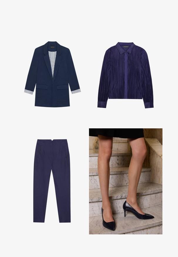 Mørkeblå blazer med spidsrev, to frontlommer med klap og stribet foer synligt ved mansjetterne og indeni foran.; Lilla plisseret bluse med en struktureret krave og glatte manchetter, der har vertikal tekstur og en knaplukning foran.; Anna Field by Zalando Bukser - navy; Mørkeblå højhælede sko med spids tå, der har en glat og tekstureret finish, som ligner krokodilleskind.
