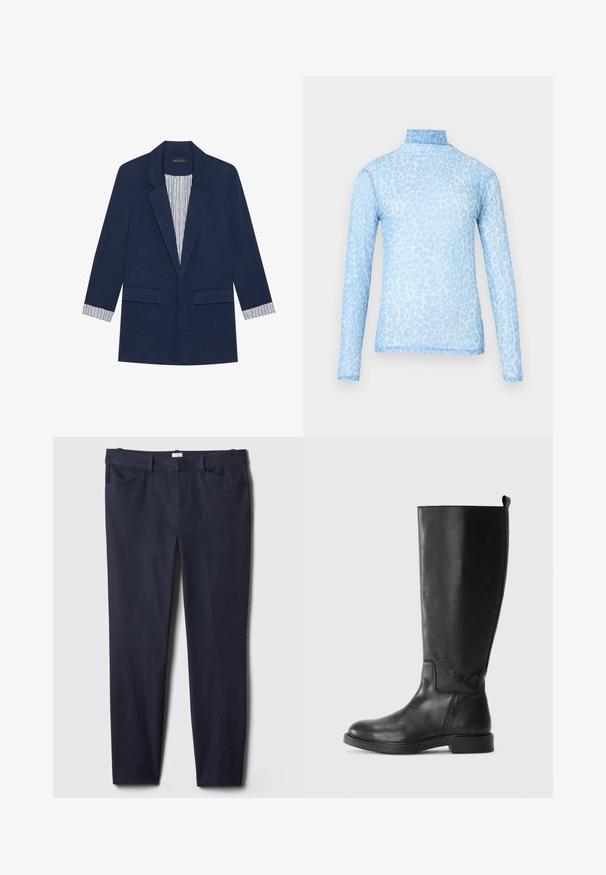 Mørkeblå blazer med spidsrev, to frontlommer med klap og stribet foer synligt ved mansjetterne og indeni foran.; Lyseblå langærmet top med høj krave og leopardmønster. Fremstillet af et tekstureret stof med en glat finish.; Marineblå bukser lavet af blødt stof med en glat tekstur, lige ben, to forlommer og bæltestropper.; Sort læder knæhøj støvle med en glat tekstur, rundt tå, minimale sømme og en lav blokhæl. Designet med en trækflap for nem påføring.